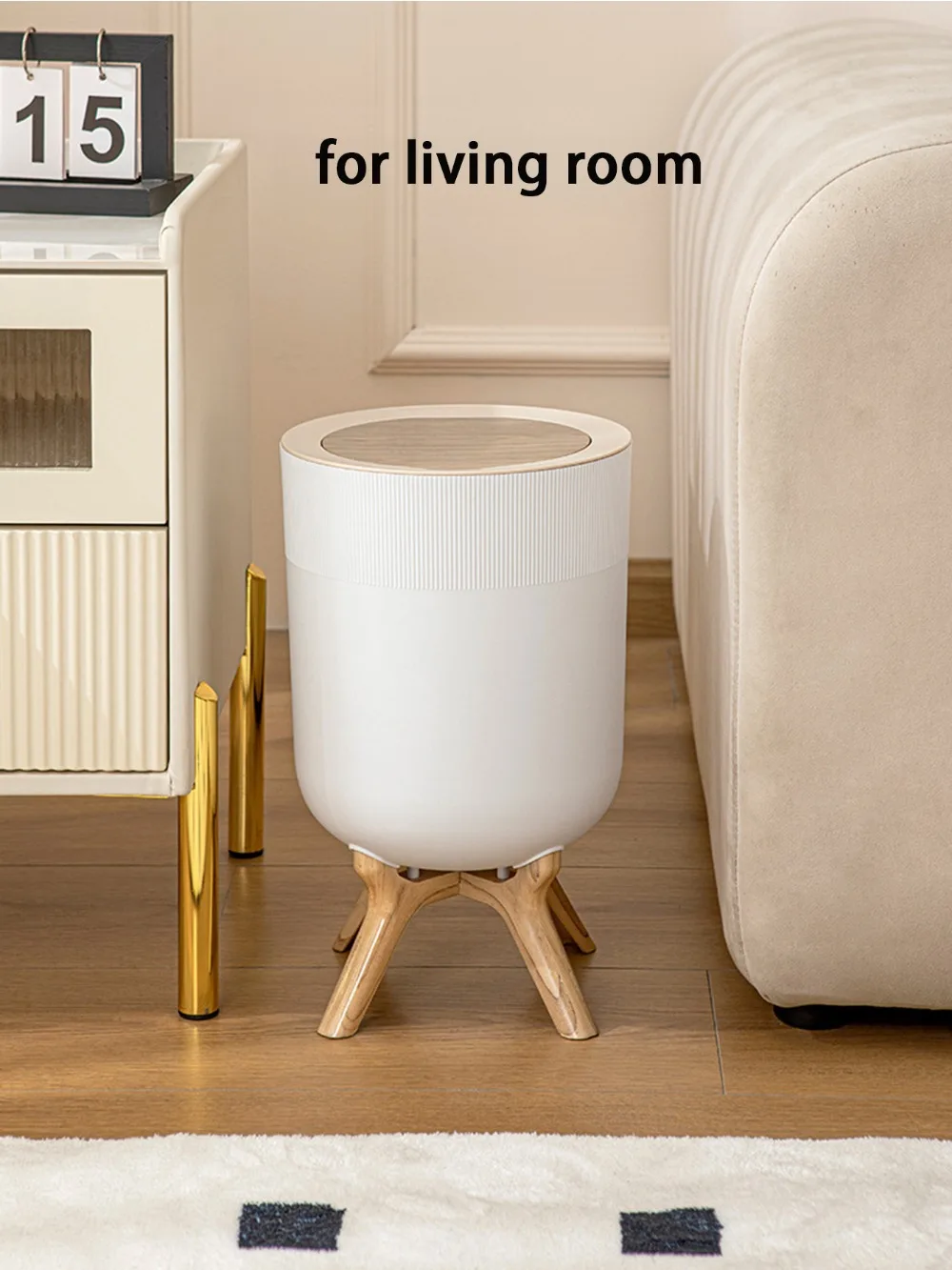 White Circular Wood-Grain Trash Can for Kitchen, Bathroom, Bedroom, Living Room, and Office Trash Bin  Garbage Bin