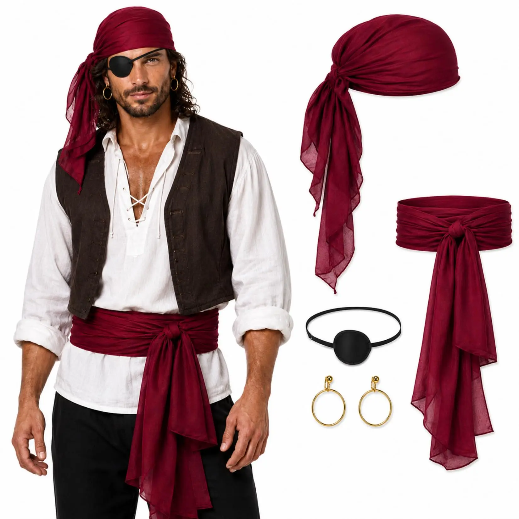 Pirate Accessories for Men Women Halloween Pirate Costume Set Red Pirate Bandana, Pirate Sash Belt, Pirate Head Scarf and Waist Scarf for Adult Cosplay, Renaissance Fair, Stage Party