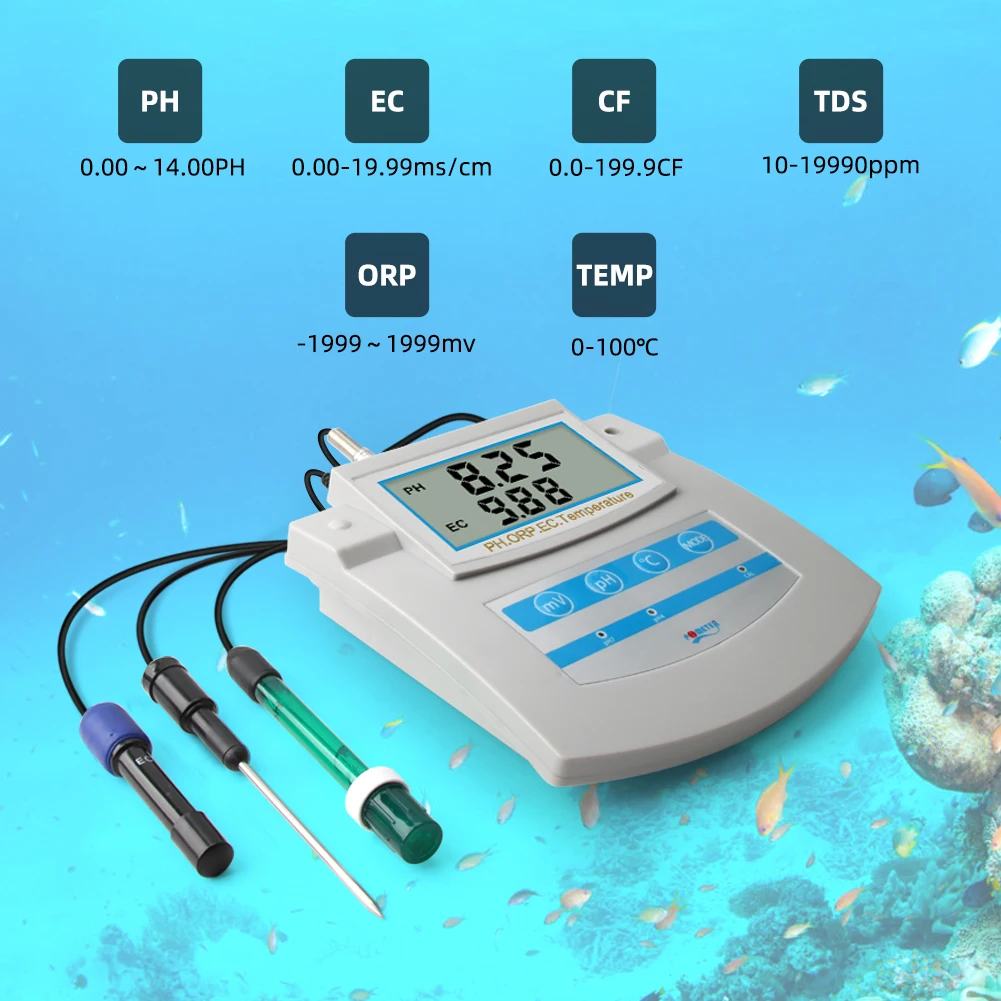 6In1 Water Quality Monitor Benchtop Digital PH ORP TDS EC CF Temperature Meter for Swimming Pool Aquarium Laboratory Probe Test