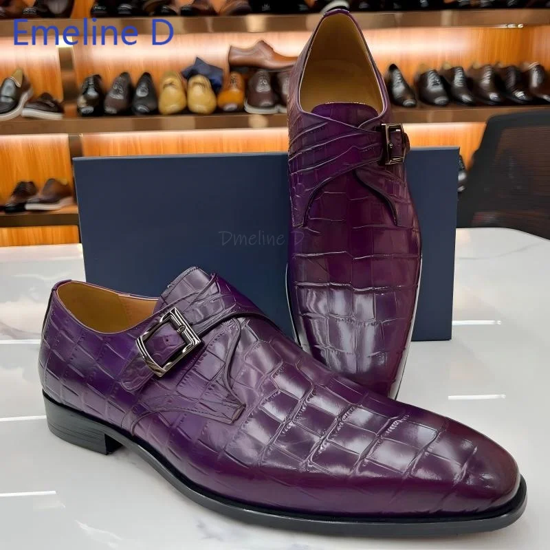 men Monk Strap Formal Shoes Textured  Print Leather Square Toe Single Buckle Evening Party Business Commute Footwear