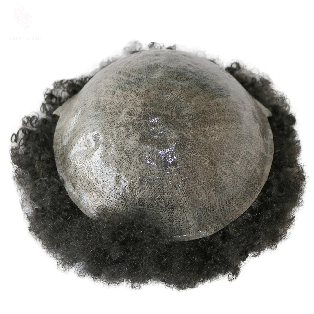 Toupet afro noir de jais pour hommes, base de peau bouclée profonde, délié naturel, 6 ", système de prothèse en cheveux humains, durable, 10mm