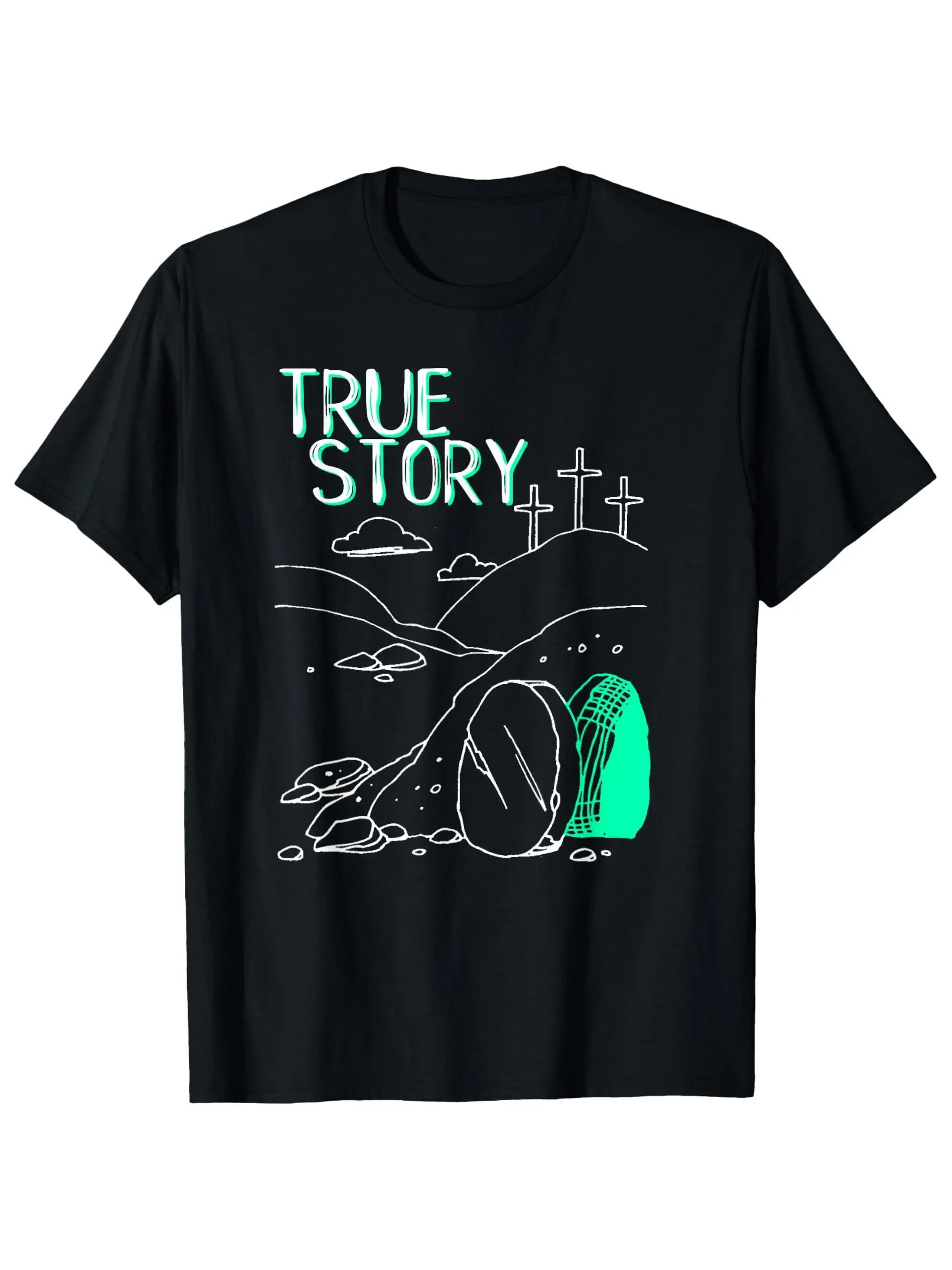 New Men's True Story Easter T-Shirt - Empty Grave & Resurrection Design, Black Crew Neck with Green Print, Sizes S-3XL, Medium-S