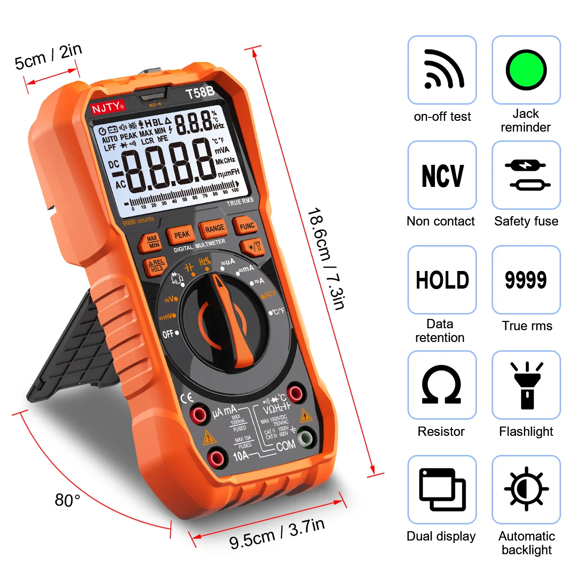 NJTY T58B 1000V cyfrowy multimetr z inteligentnym podświetleniem z ekranem i lampką LED wskaźnik JACK 9999 zlicza podwójne dane wyświetlane