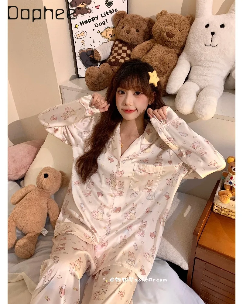 Original Sweet Cute Cartoon Printed Ice Silk Pajama Set Lapel Straight Long Sleeve Trousers Two-piece Set Women's Loungewear