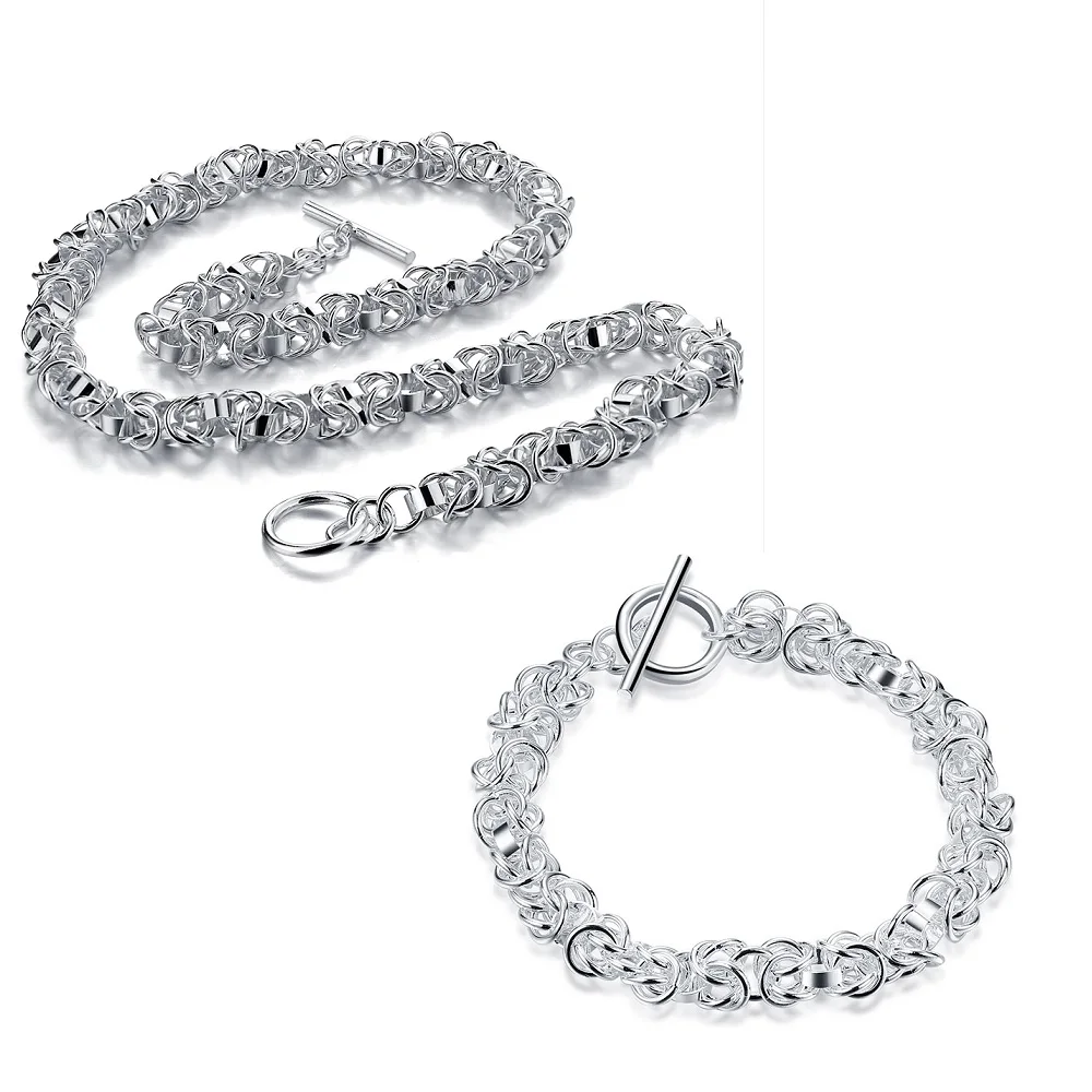 

Hot classic 925 Sterling Silver charms Circle Bracelets necklace Jewelry set for men woman Fashion wedding Party Christmas Gifts