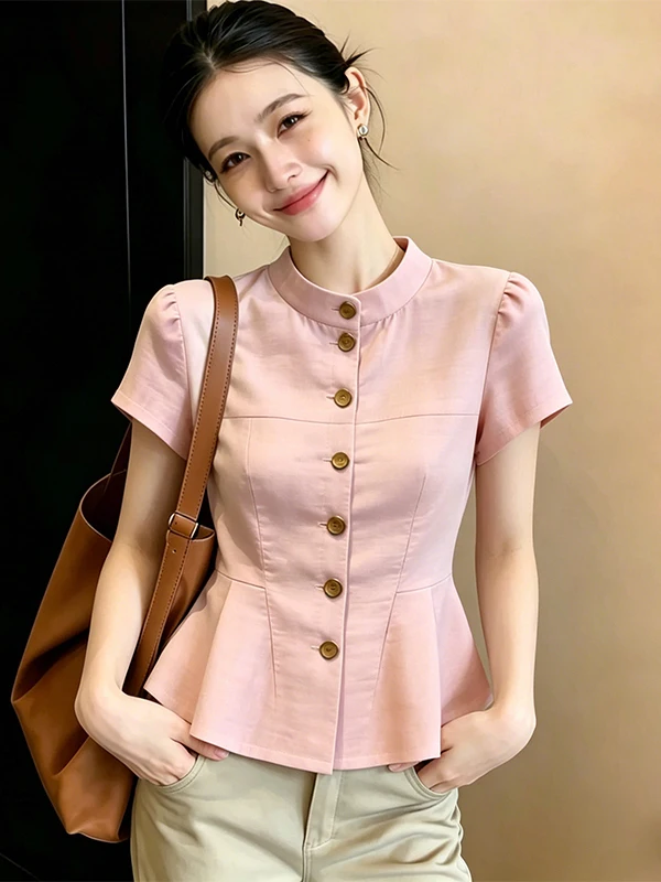 

Korean Style Sweet Single Button Short Sleeve Shirt Women's Summer 2026 New Design Slimming Commute Personality Top
