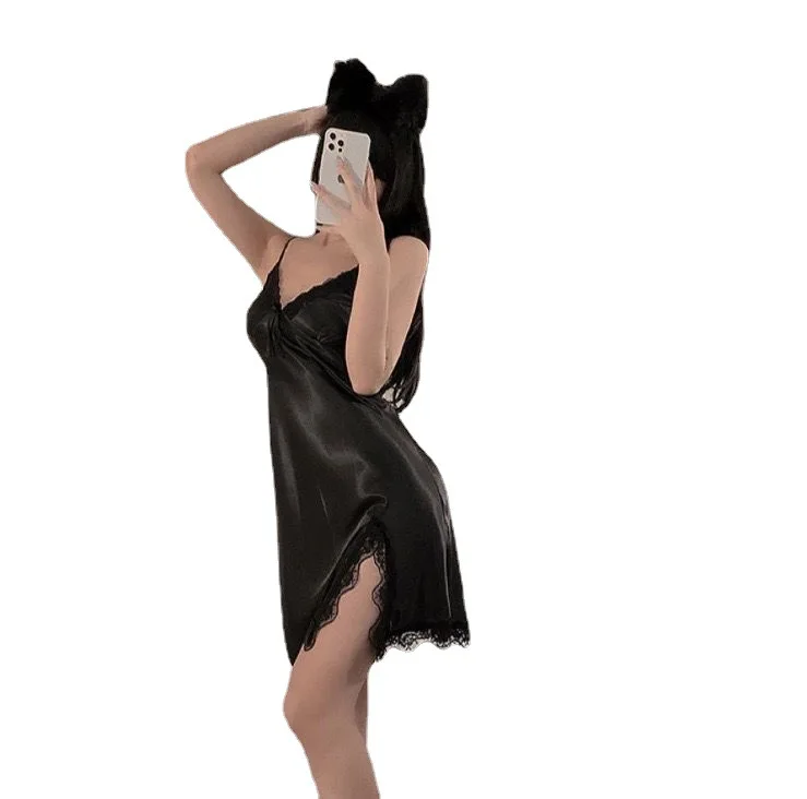 New Private Lace Sexy Pajamas Women's Satin Chiffon Suspender Nightdress Hot Temptation Loungewear Pure Desire Cw08665