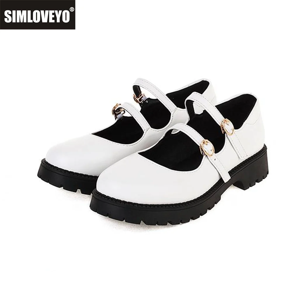 

SIMLOVEYO 2026 Girls' Pumps Round Toe 3cm Thick Heels Double Buckle Strap Student Soft Vintage Daily Shoes Sizes 42 Black White