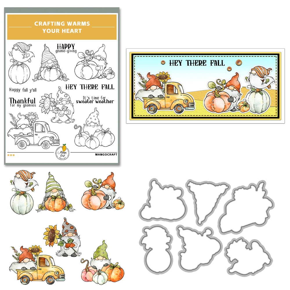 Cute Gnome Pumpkins Cutting Dies, Clear Stamp, Metal morre para DIY Scrapbooking, Metal morre, Silicone Stamps, Cards Decor, Thanksgiving Day