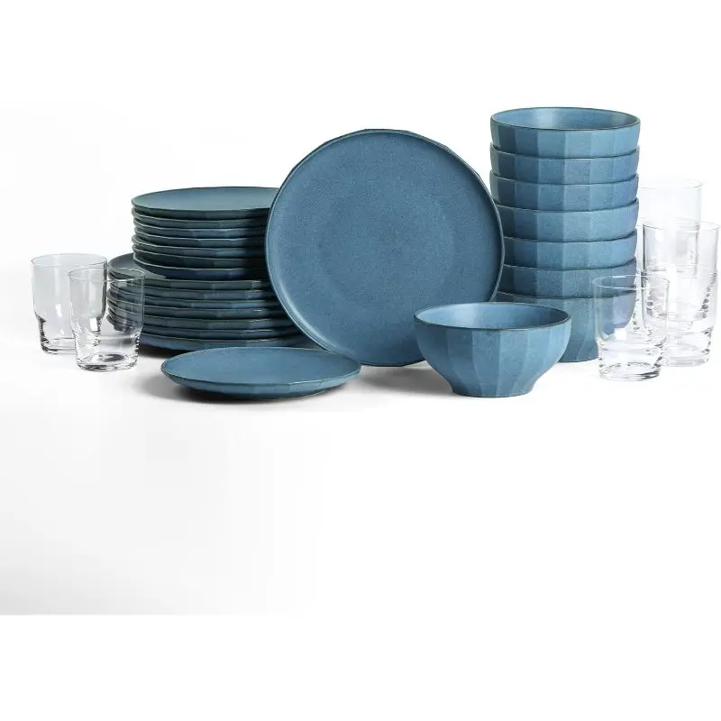 

32pcs Stoneware Dinnerware Set with Plates, Bowls & 8 Fluted Glass Cups Suitable for Dining, Table Settings, Microwave & Dishwasher Safe, Textured Dishware for Everyday Use, Plates and Bowls