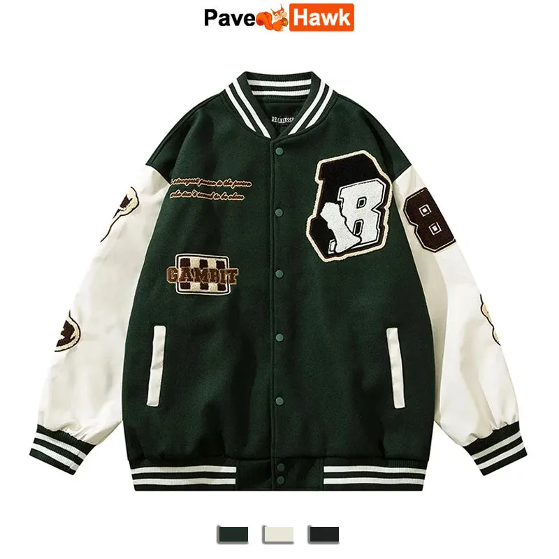 

Men's Hip Hop Vintage Jacket Women Letter Towel Embroidered Bomber Outwear Pu Leather Loose Patchwork Varsity Jackets Unisex