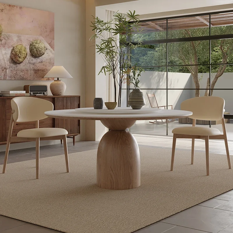 Round Rock Slab Dining Table Modern Simple Light Luxury Log Color Cream Style Solid Wood Round Table Tisch Embedded Turntable