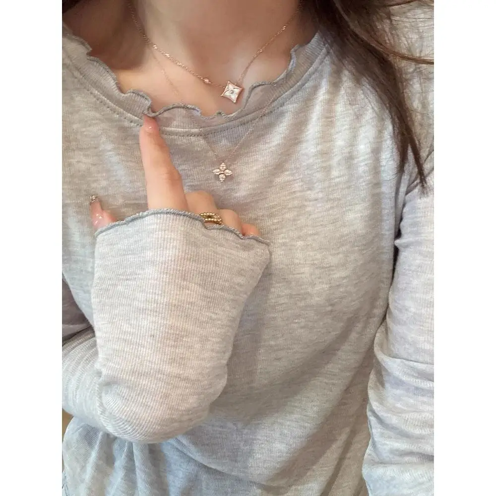 Gray Wooden Ear Long Sleeve Women's T-shirt Slim Fit Inner Wear Base Shirt Early Autumn High Sense Short Style Commute Style