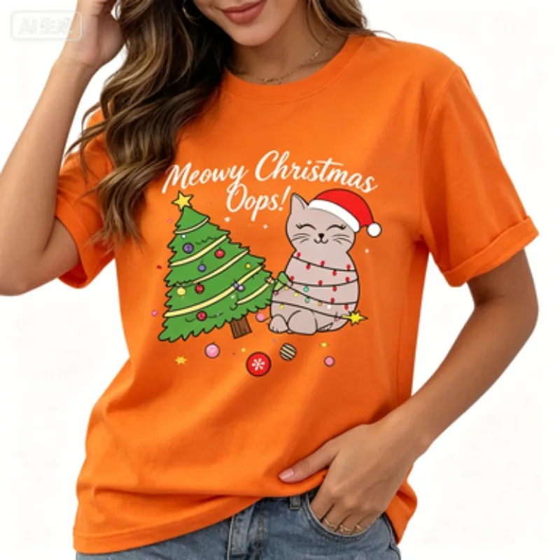 Women Round‑neck Cotton T‑Shirt Cute Santa Hat Cat Fallen Christmas Tree Graphic Print Holiday Casual Short‑sleeve Ladies Tops