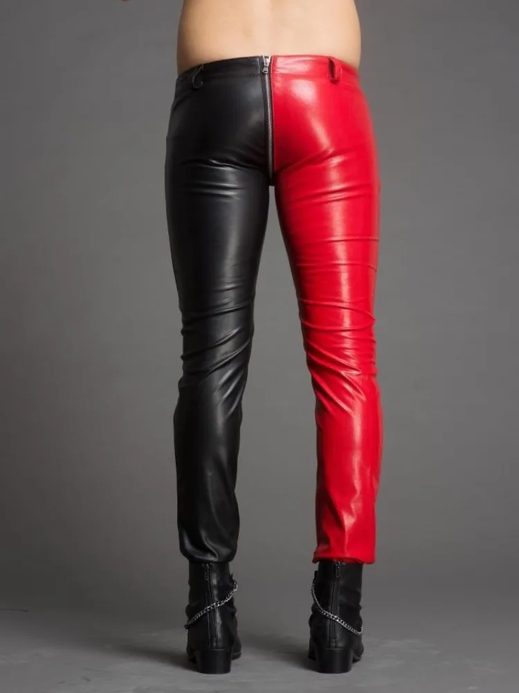 Men's Slim Pants Fashion Personality Red And Black Color Matching Sexy Tight-fitting Leather Pants Zipper Plus Size Men Trousers