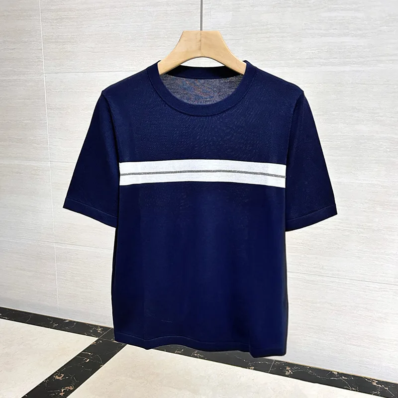 Women'S Striped Short-Sleeve Knit Top — Casual Cropped T-Shirt With Chain Detail (Summer 2026 Collection)