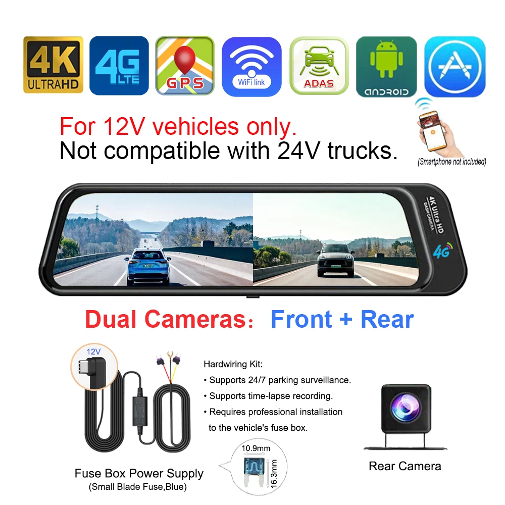 4K Stream Dashcam 4G LTE ADAS Sentry GPS RemoteSnap dodehoekdetectie 24 uur parkeertijd-lapse nachtzicht app bewegingsdetectie G-sensor lusopname