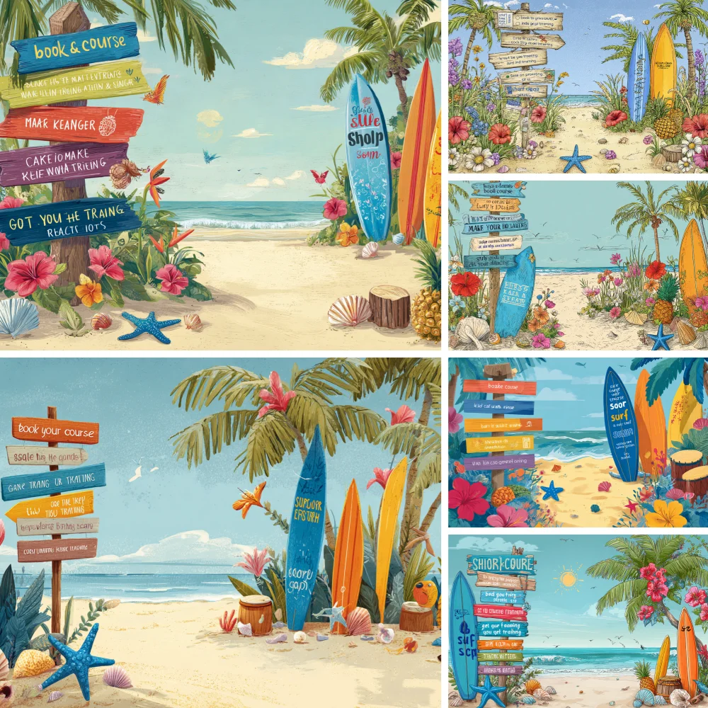 

Summer Beach Hawaiian Photography Backdrop Sand Beach Palm Surfboard Beach Camping Party Decoration Background Photo Studio Prop
