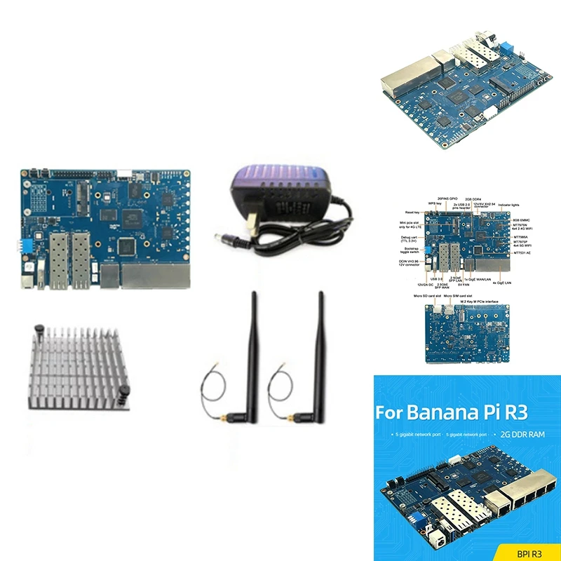 For Banana PI BPI-R3 MT7986 2G+8G EMMC 2 SFP 2.5Gbe 5Gbe Router Development Board+Heat Sink+Antennas+Power Cable