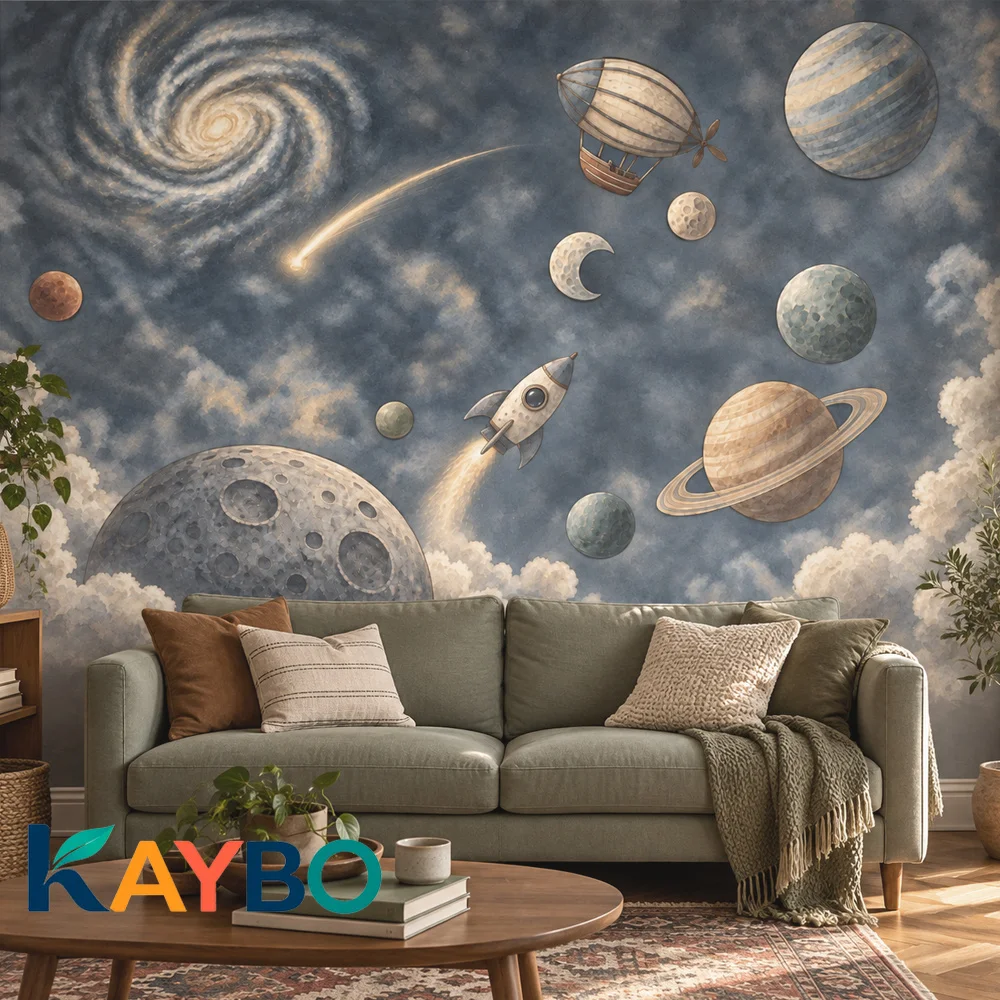 Space Wall Mural Kids Planets Rocket Galaxy Watercolor Wallpaper Neutral Blue Bedroom Playroom Non Self Adhesive Celestial Decor