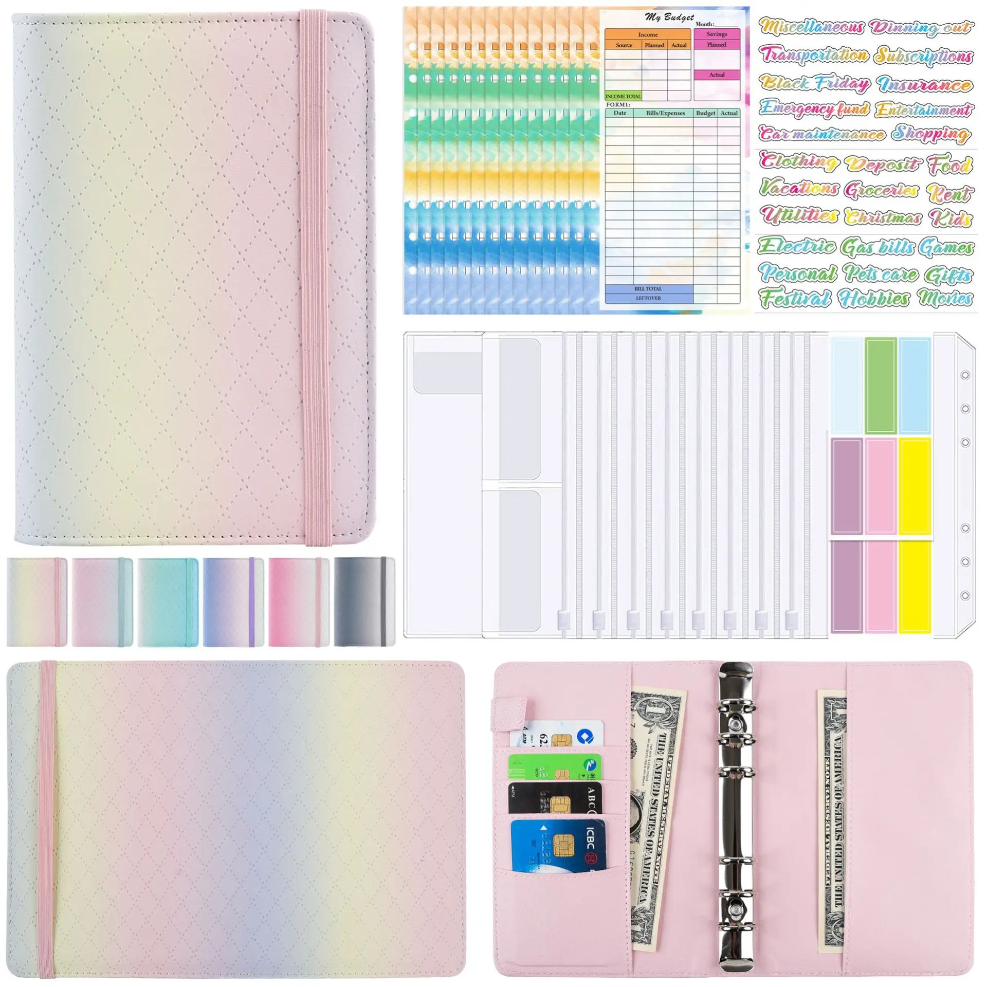 A6 Gradient Macaron Binder Hand Ledger Notebook Leather PU Loose-Leaf Book Cash Budget Book With Zip Bag