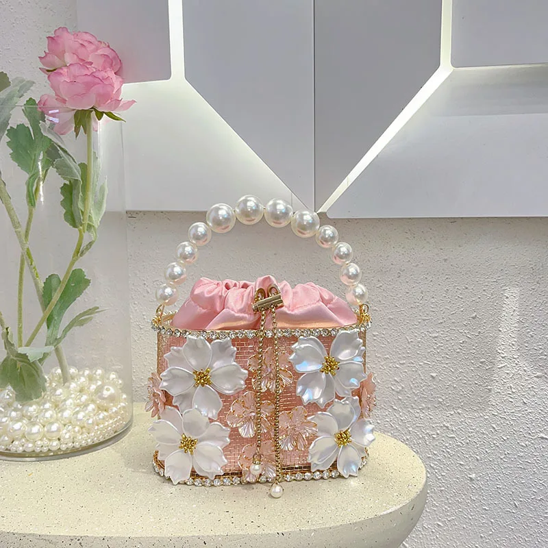Retro Sunflower Birdcage Handcrafted Hollowed-out Shiny Crystal Chain Woven Basket Bucket Bags for Women