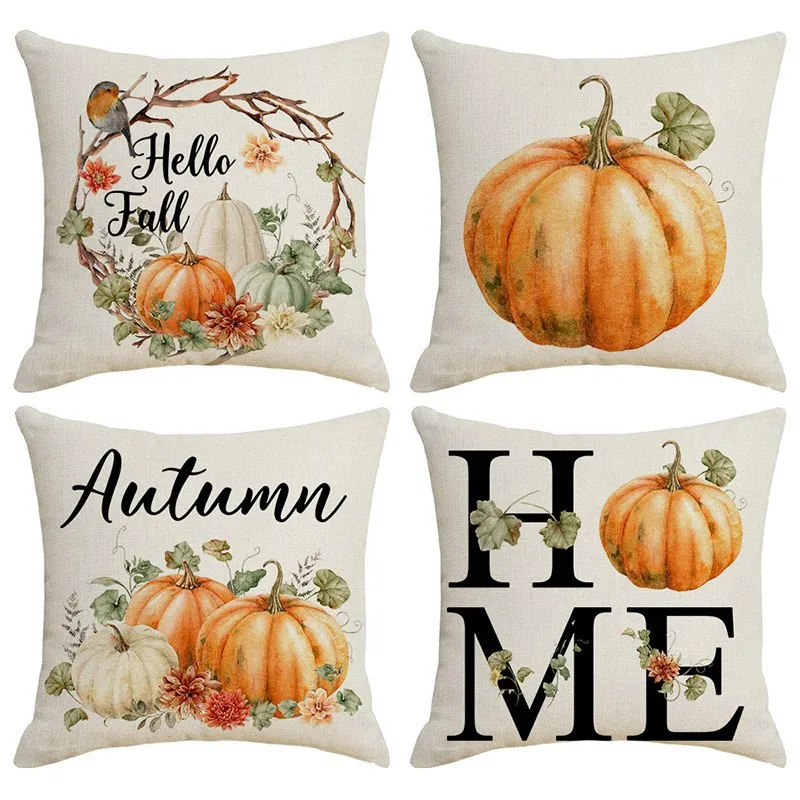 2PCS Linen Blend 2026 Fall Pumpkin Pillow Cover Single Side Print No Insert Thanksgiving Party Seat Decor Square Cushion Cover