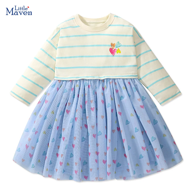 Little maven Kids Clothes Children\'s Clothing Baby Girls 2024 Autumn Cotton Long Sleeves Cartoon Hearts Princess Mesh Dresses