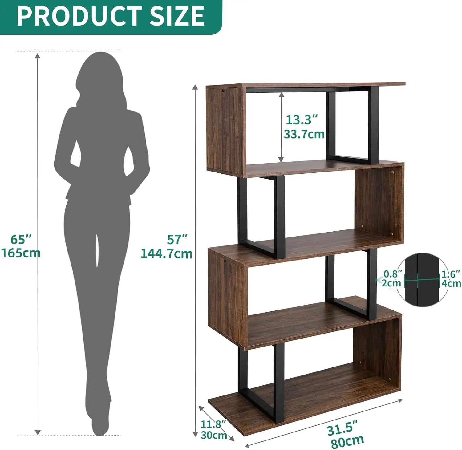 5-Tier Bookshelf, S-Shaped Z-Shelf Bookshelves and Bookcase, Industrial Freestanding Multifunctional Decorative Storage Shelving