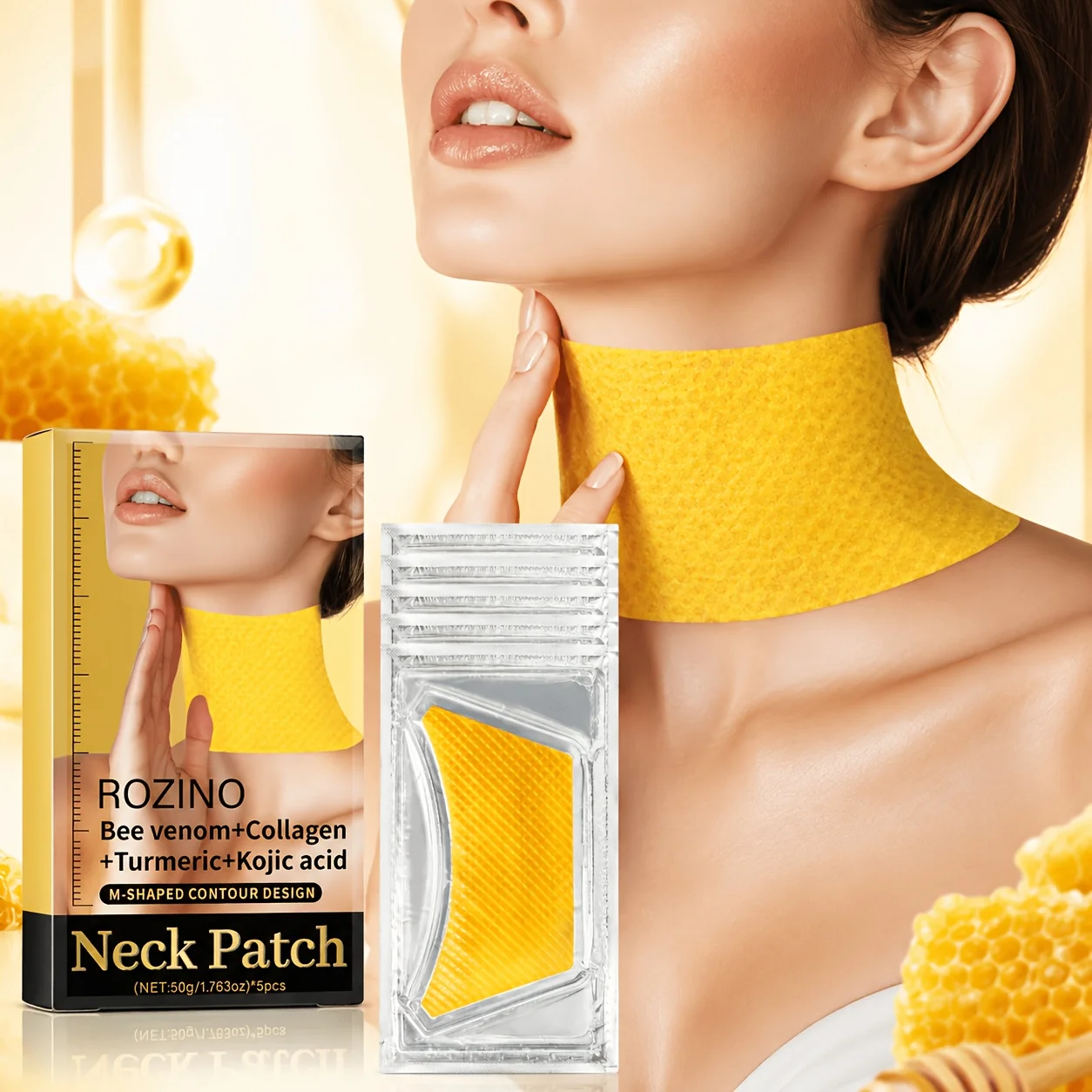 5PCS Hydrogel Neck Care Patches with Bee Venom, Collagen, Turmeric and Kojic Acid, Moisturizing Neck Mask for Daily Skin Care, Soft Comfortable Beauty Patches for Home Spa, Self Care and Travel Routine