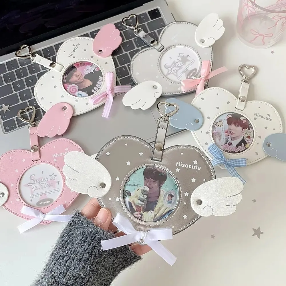 Durable Waterproof Pendant Keychain Angel Wings Pu Leather Photocard Holder Clear Window Key Chain