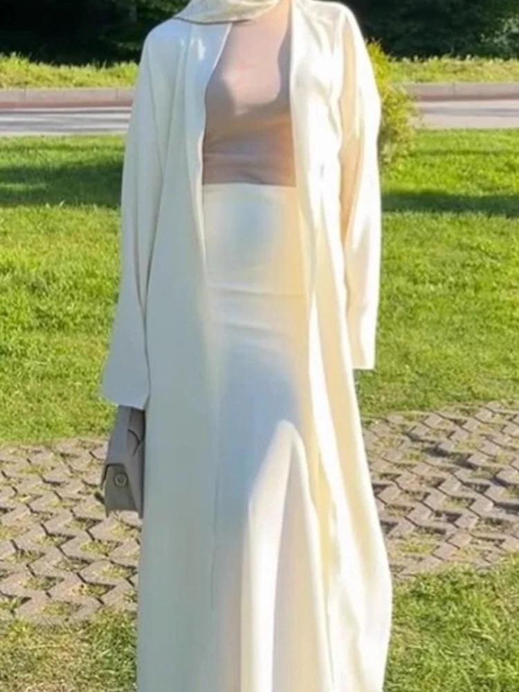 

Women Casual Long Sleeve Solid 2Pc Outfits Fashion Cotton Linen Long Sleeve Suits Elegant V-neck Robe Coat with Long Skirt Sets