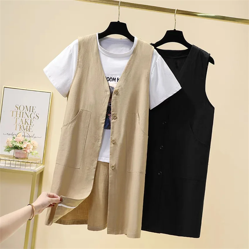 2025 Summer Big Size Women Cotton and Linen Vest Fashion Lady Solid V-neck Vests Female Sleeveless Jacket Midi-long Outwear 2447