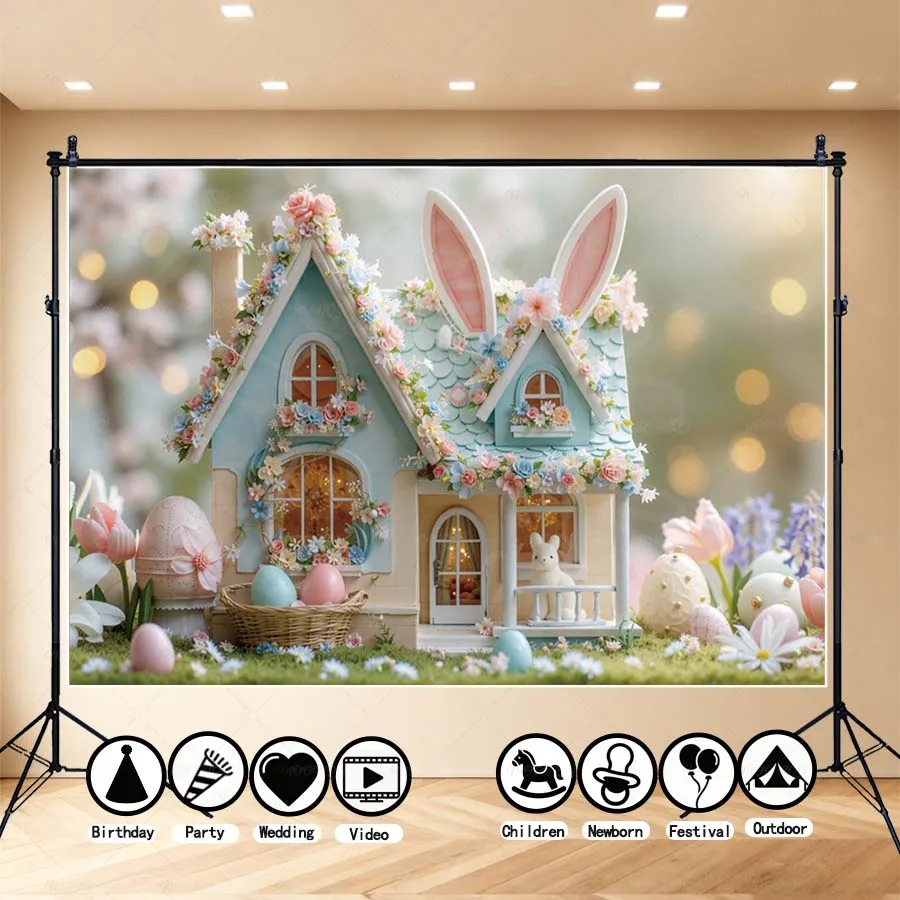 

MOON.QG Easter Day Dreamy Rabbit Ear House With Flower Photography Backdrop Giant Egg Spring Holiday Photo Background Kid Party