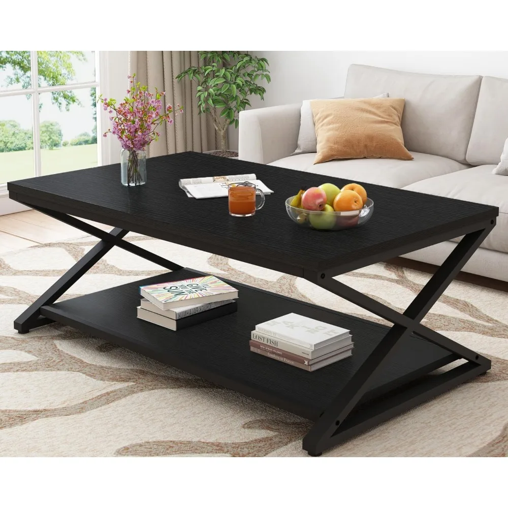 

Black Coffee Table Modern, 47 Inch Simple Rectangle Cocktail Table with Storage Display Shelf, 2 Tier Minimalist Industrial Woo