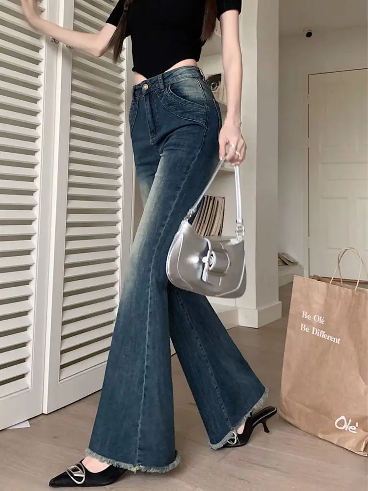 

Retro Flared Cowboy Pants for Woman with Pockets Women's Flare Jeans High Waist Shot Bell Bottom Trousers Vintage 2025 Fashion R