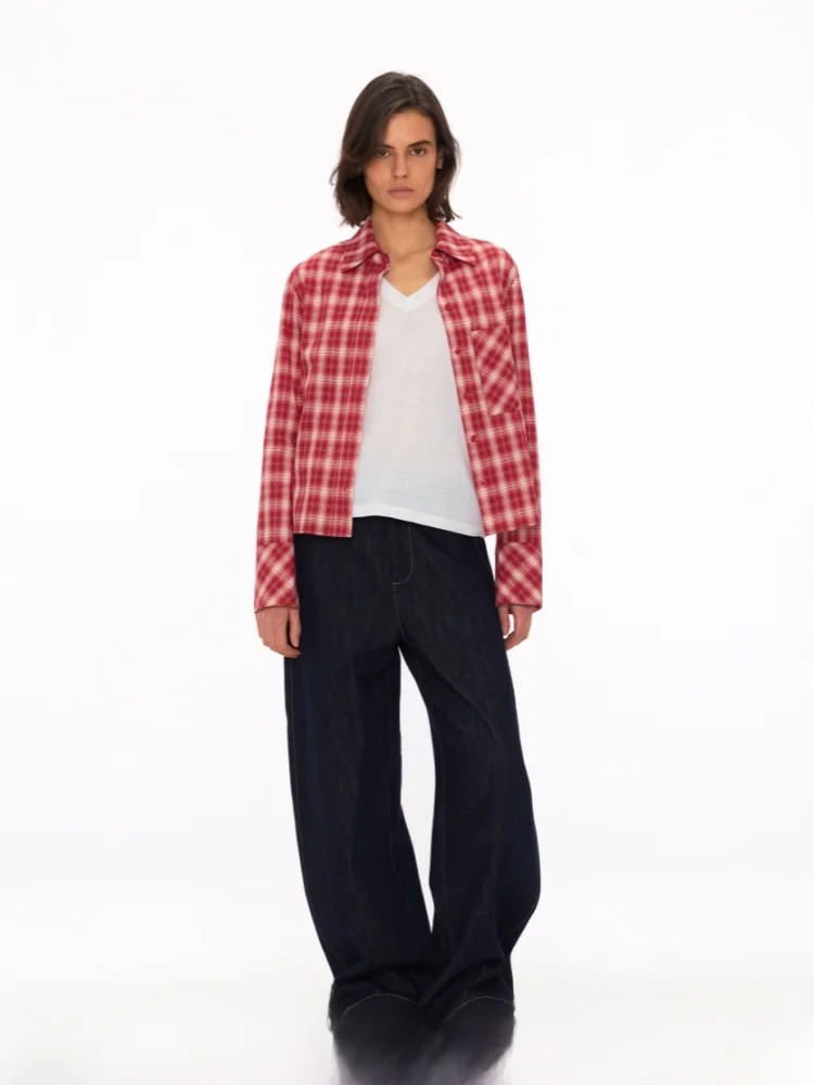 

Красная клетчатая укороченная рубашка Elio, версия H, повседневный стиль, из чистого хлопка, с длинным рукавом, на пуговицах, женская, коллекция Весна 2026