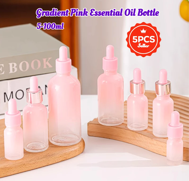 5 adet 5 ml-100 ml Degrade Pembe Boş Cam Damlalık Şişe Uçucu Yağ Aromaterapi Sıvı Reaktif Doldurulabilir Konteyner