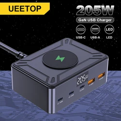 Ueetop 205W GaN Charger 6-in-1 USB Charger Quick Charge 3.0 PPS USB Type C PD Fast Charger for Macbook iPhone 15 14 Samsung S23