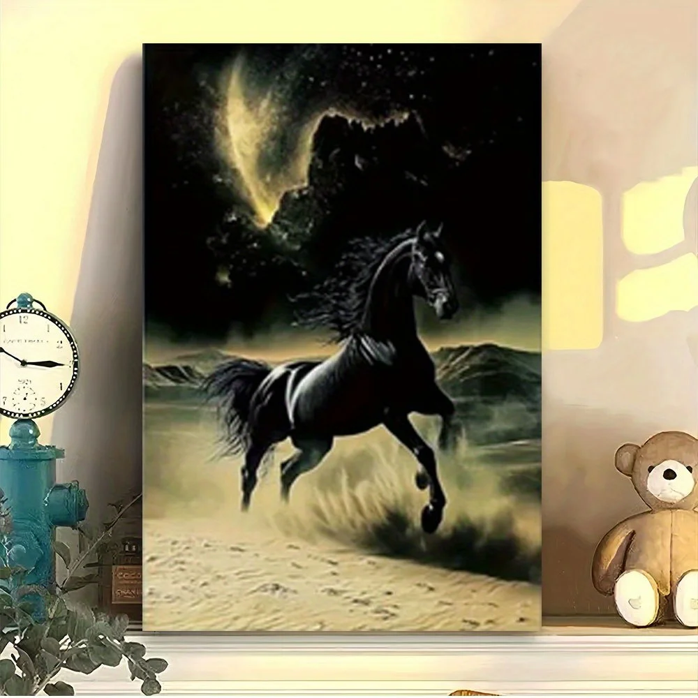 1pc Frameless Canvas Wall Art - Cosmic Black Horse Galloping Under Starry Sky, Modern Vintage Design, High-Quality Printed Poste