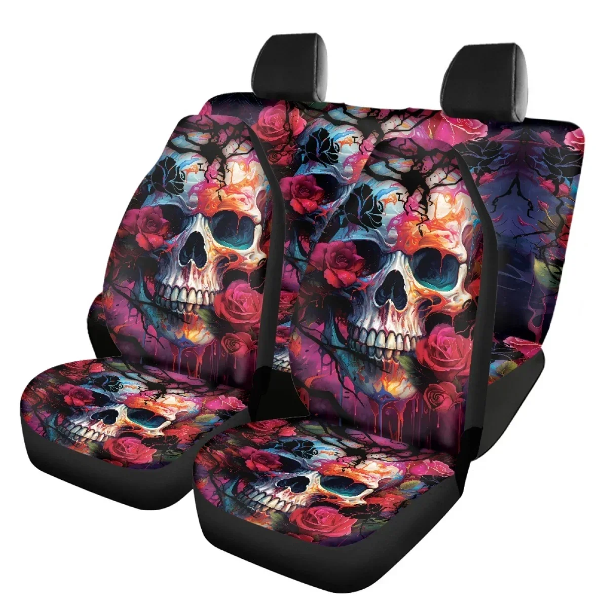 Flower Floral Skull Printed Auto Parts Car Seat Cover Polyester Fabric 4 Piece Set Four Season Universal Front/Rear Seat Cushion