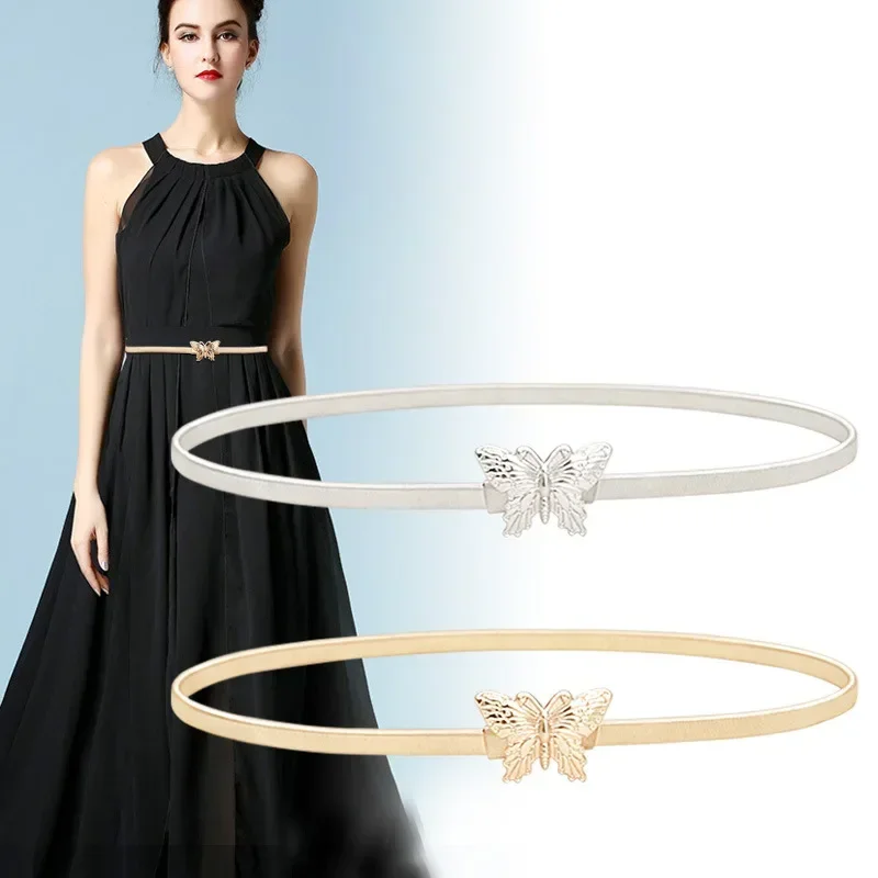 New Metal Butterfly Buckle Women Belt Elastic Slim Body Thin   Chain Waist Belts Gold Sliver Dress Skirt Decor Waistbands Straps