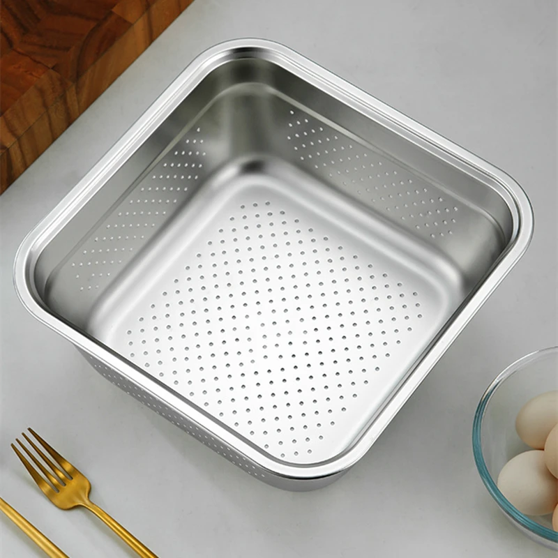 Stainless Steel Food Storage Tray Plates Drain Basin Fruit Vegetable Soup Pot Tableware Home Kitchen Organizer Utensils