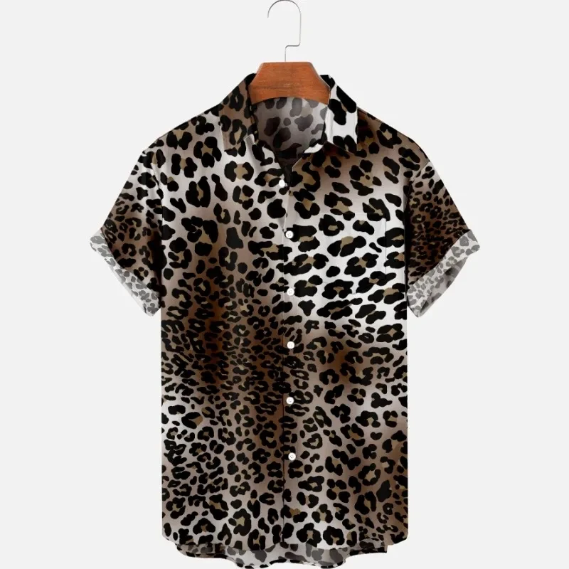 Men's Hawaii Shirts Y2k Tops Leopard Print Short-sleeved Harajuku Holiday Party T-shirt Casual Oversized Lapel Blouse Clothing