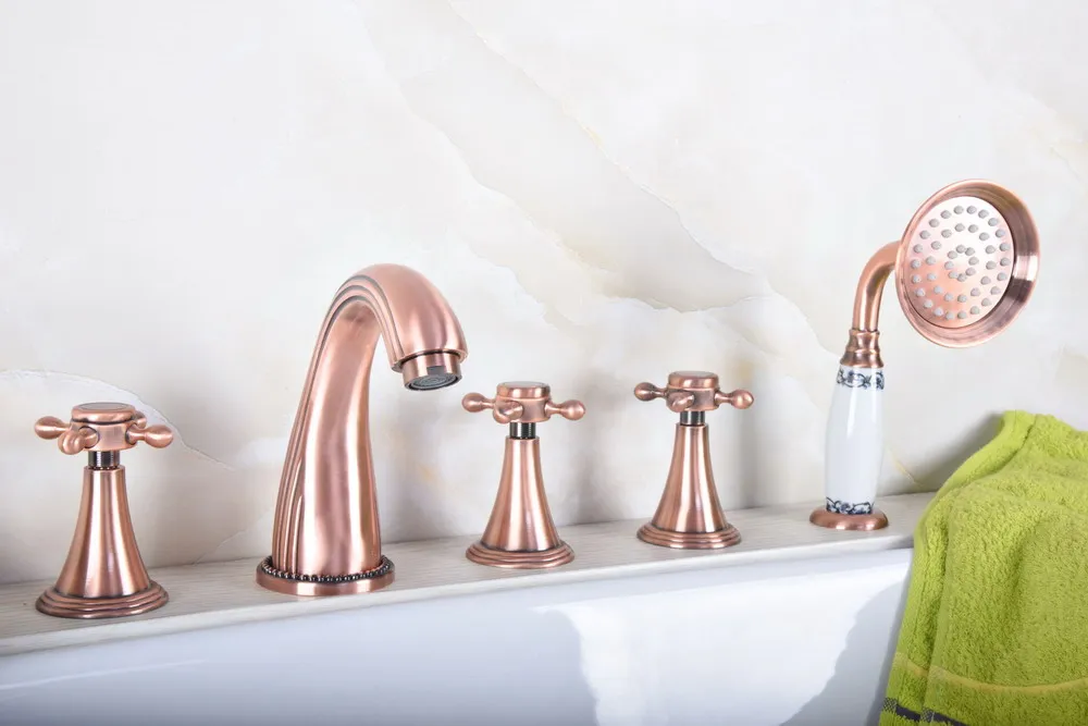 

Antique Red Copper Brass Three Cross Handles Deck Mounted 5 Holes Bathroom Tub Faucet Mixer Tap With Handshower mtf200