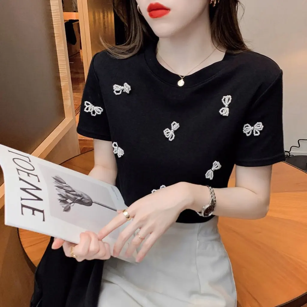 

Women's Slim Fit Short Sleeve T-Shirt Trendy French Fashion Beaded Bow Design Summer Ins Trendy Top