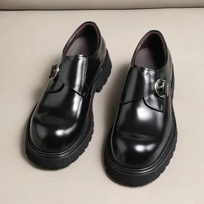 Top-layer Cowhide Leather Loafers High Quality Sheepskin Lining Anti-slip Thick-sole Buckle Leather Shoes For Men