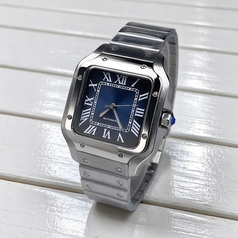MACARLON 38mm Square Automatic Watch China NH35 Movement Roman Numerals Silver Steel Strap Butterfly Buckle No Date No Logo
