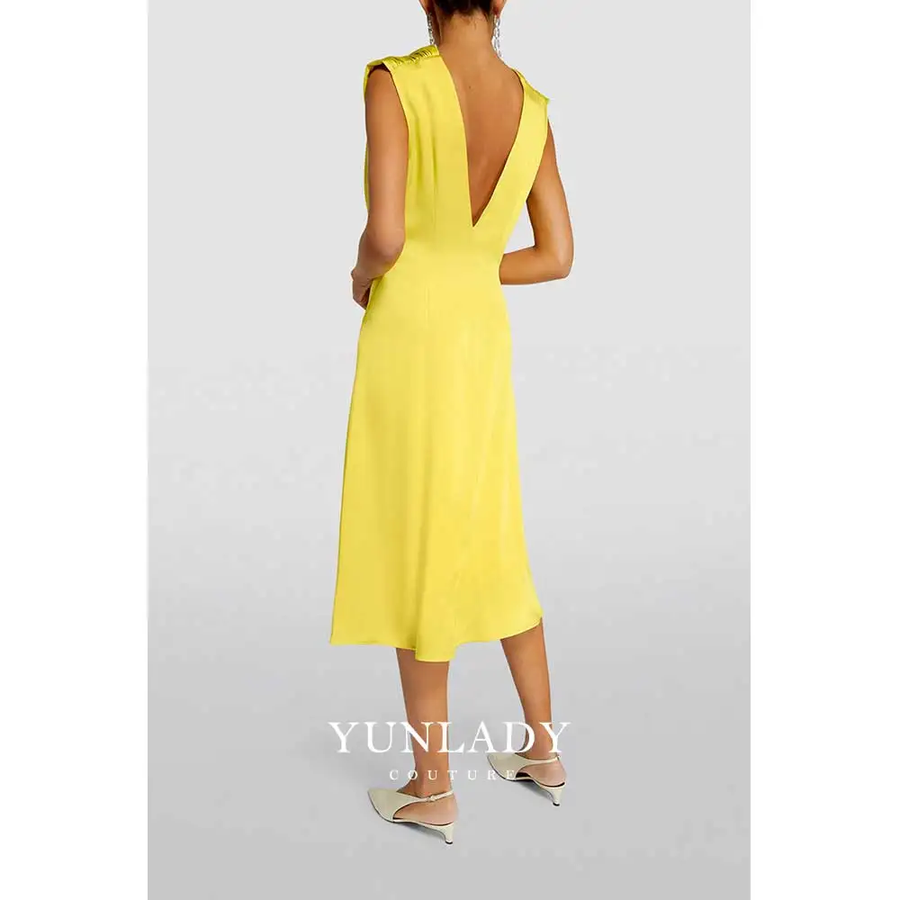 YUNLAN Bright Yellow Sleeveless Midi Mom Dress 2024 Saudi Elegant Wedding Guest Formal Party Dress Women Satin A-Line Dress