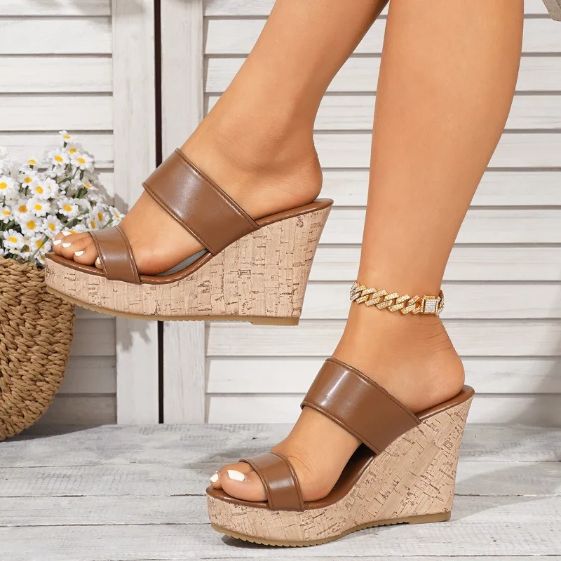 Wedge Slippers Thick-soled Roman New Waterproof Heightening One-word Sandals